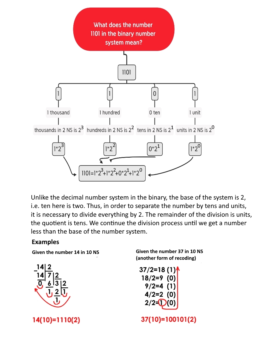 The content of the theoretical material of the numbers representation in the binary system