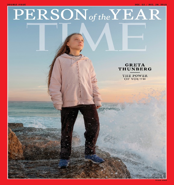 Greta Thunberg on the cover page of the magazine Time – Person of the Year (https://time.com/person-of-the-year-2019-greta-thunberg/)