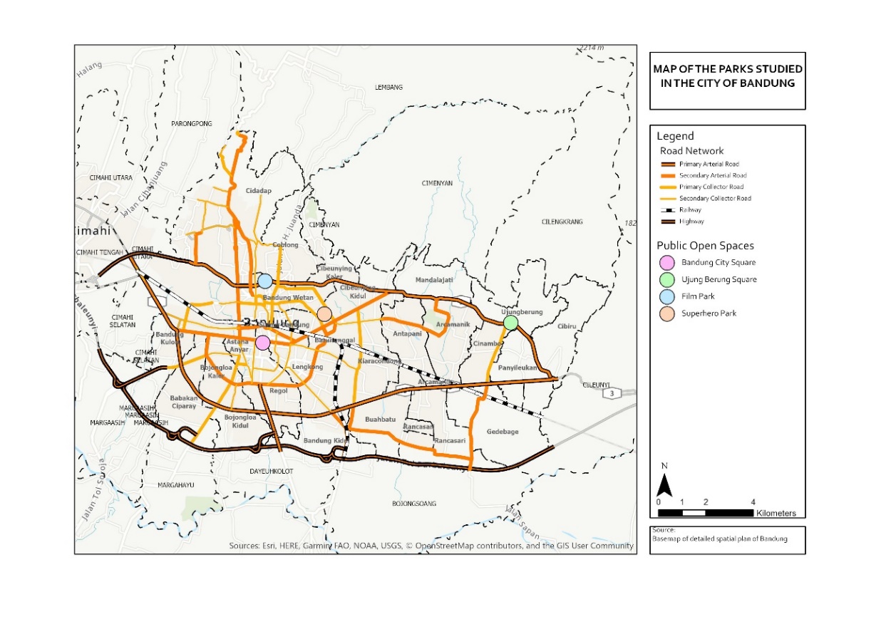 Map of observed parks, Bandung City (source: Authors, 2019)