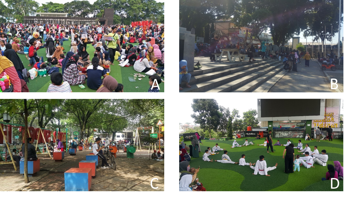 (A) Bandung Square, (B) Ujung Berung Square, (C) Superhero Park, (D) Film Park on weekend,
       2019 (source: Authors, 2019)