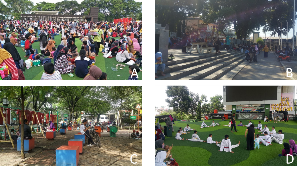 (A) Bandung Square, (B) Ujung Berung Square, (C) Superhero Park, (D) Film Park on weekend,
       2019 (source: Authors, 2019)