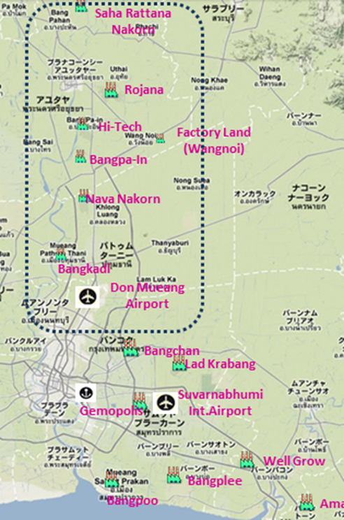 Affected Industrial Estates and Parks (within the dotted line) (Provided by JETRO)