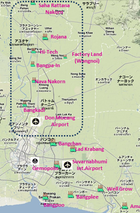 Affected Industrial Estates and Parks (within the dotted line) (Provided by JETRO) 