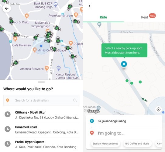 User Interface (UI) of Gojek (Left) and Grab (Right) (source: Author)