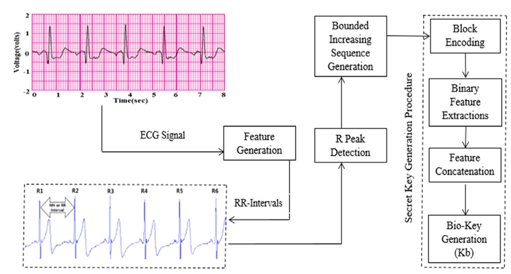 Algorithm for generating secret keys, based on cardiocycles R-peaks intervals (Aloui, Nait-Ali, & Naceur, 2018)