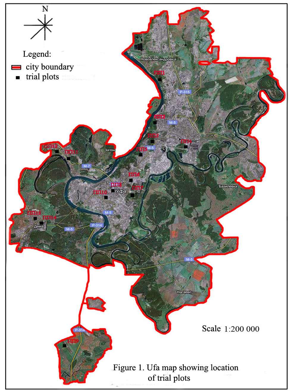 Ufa map showing location of trial plots