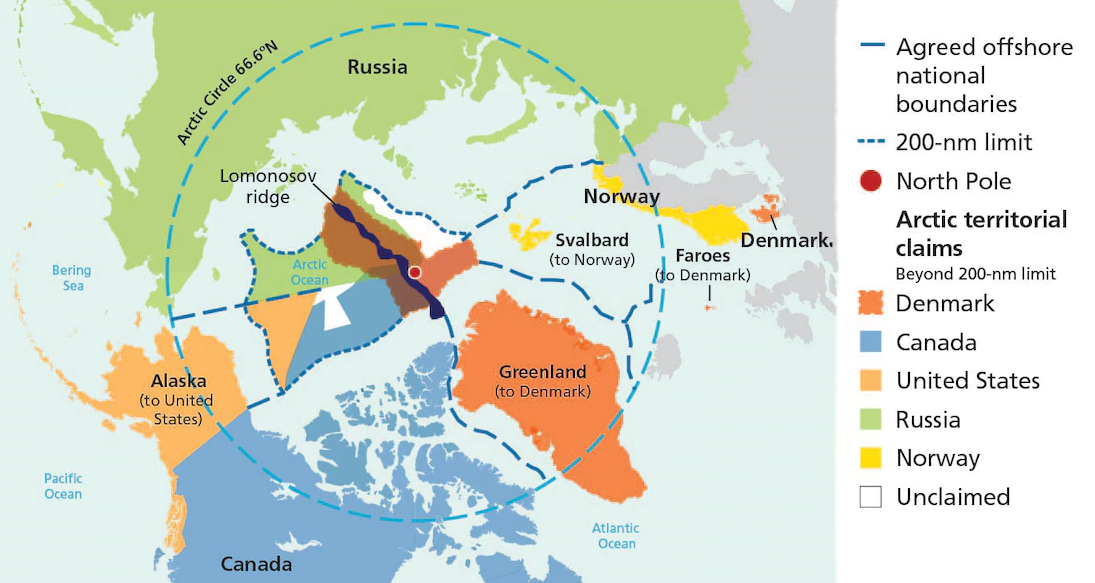 Claims by the Arctic States for shelf delimitation in the Arctic (Source: https://cco.ndu.edu/Media/Images/igphoto/2002060148/)