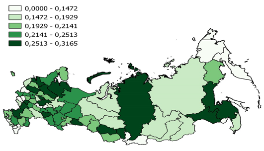 The cartogram of opportunity inequality in the Russian regions, 2018. 