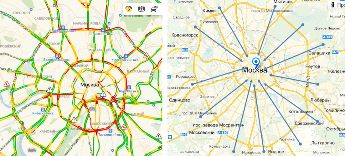 (left) Interactive interface of Yandex.Traffic web application. (right) An example of a commuter sample for monitoring the Moscow Ring Road transport network. Commuters live just outside the Moscow Ring Road and work in the centre of Moscow (the beginning and end of the arrow, respectively, for each commuter)