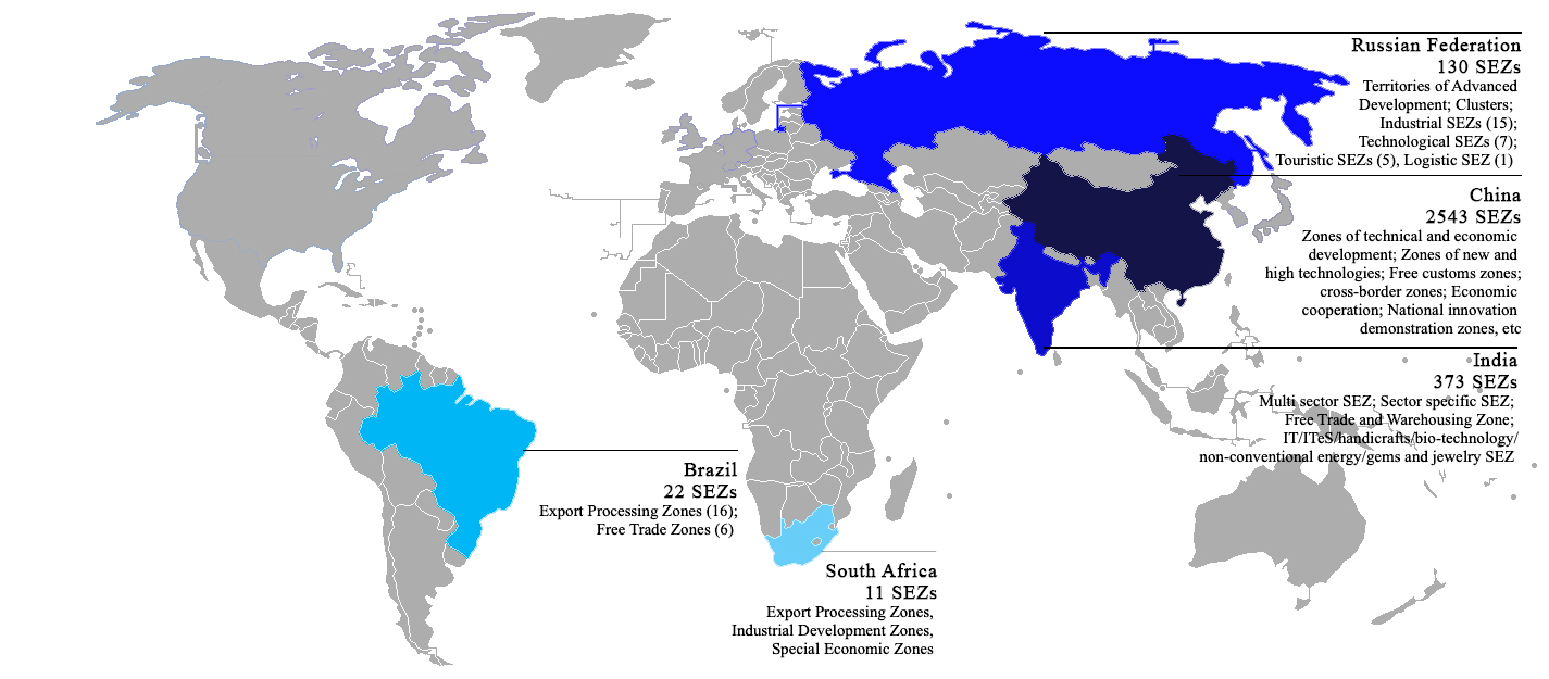 Distribution of FEZs by the BRICS countries, 2020