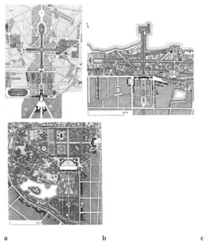 [Technique “trident” in the composition of palace and park ensembles: a) Versailles, France, 17th–18th centuries. (Gorokhov, Lunts, 1985); b) Peterhof, Russia, 18th century (Ozhegov, 2003), c) Tsarskoe Selo: Catherine and Aleksander parks, 18th century (Ozhegov, 2003)