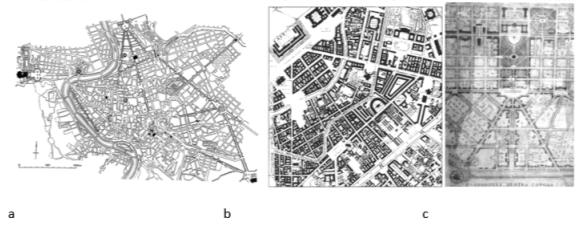 [Technique “trident” in the urban framework of cities: a) Rome (Bunin, Kaplun, Maksimova, 1969); b) St. Petersburg of the 17th–18th centuries. (Kirikov, 2003), c) Chisinau (Gordeev, 2017)]