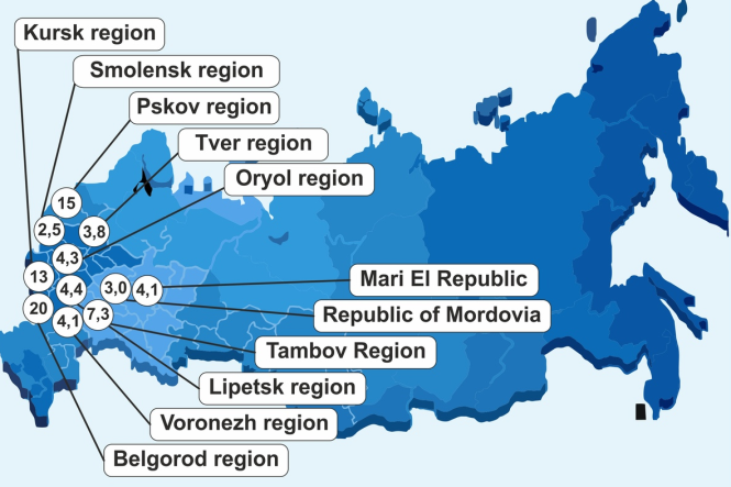 Russian regions with localization coefficients above 2.0 (calculated by “pigs (live weight), raised in agricultural organizations”), 2018