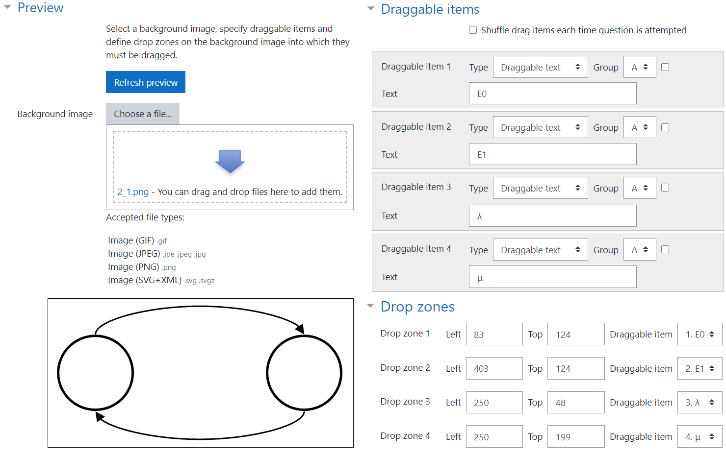 Settings for the drag to the image question type