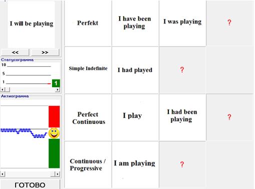 Interface of the dynamic computer test simulator "Times of the English language"