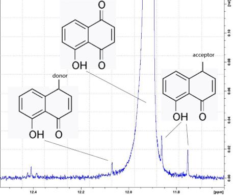 15-fold magnification of the 1H-NMR spectrum of synthesized juglone (5-hydroxy-1,4-naphthoquinone) in the spectral range from 11.5 to 12.51H-NMR, CDCl3 (Bruker, 300 MHz)