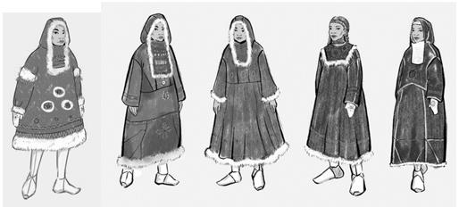 Artistic sketches of female and male stage costumes of the Koryaks 