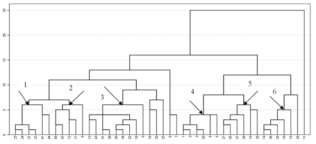 Figure 1. Dendrogram of initial codes and selected clusters