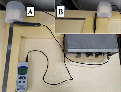 Measurement of the magnetic induction of the EMR source. A - under the source of EMP; B - on the side of the EMR source 