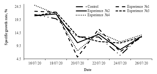 Specific growth rate of Cyprinus carpio larvae during the experiment