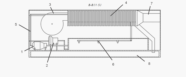 Schematic diagram of the installation of indirect water evaporation for the air conditioning system of a passenger car. 1 – a pump (which creates pressure when water is supplied to the injectors); 2 – a pump that moves water from the water supply system to the tank; 3 – centrifugal fan; 4 – heat exchanger; 5 – water supply pipe from the pump to the injectors; 6 – injectors; 7 – air distribution tool; 8 – water tank. 