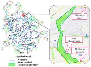 The object of the study is on the scheme of the collector-river network of the city of Moscow. Section of the Chermyanka river from st. Wide to Dezhnev's passage (drawing by the authors)