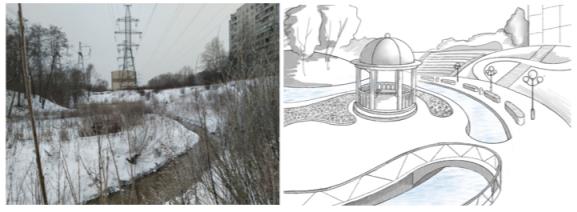 Embankment (U.N. 1 - U.N. 7). On the left - before reconstruction, on the right - after (drawing by the authors)