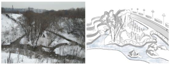 Island with a playground (UN 17 - UN 18). On the left - before reconstruction, on the right - after (drawing by the authors)