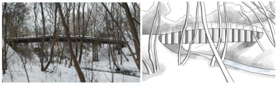 Bridge on the basis of pillars of water supply communications (UN 19). Above - before reconstruction, below - after (drawing by the authors)
