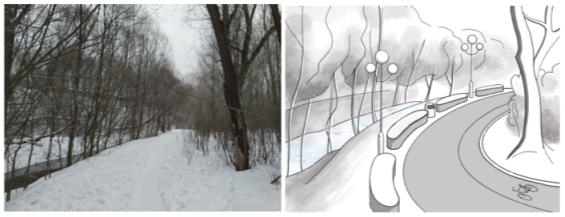 Park Alley (UN 21 - UN 24). On the left - before reconstruction, on the right - after (drawing by the authors)