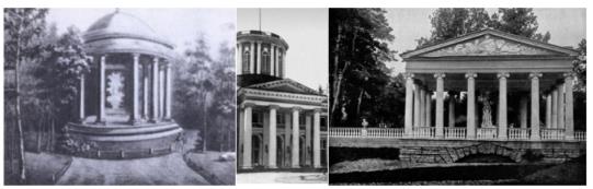 On the left is a gazebo-rotunda (Gazebo-rotunda, 2021), in the middle is the belvedere of the palace in Arkhangelsk (Belvedere Palace in Arkhangelsk, 2021), on the right is the pavilion of the Three graces (Pavilion of the Three Graces, 2021)