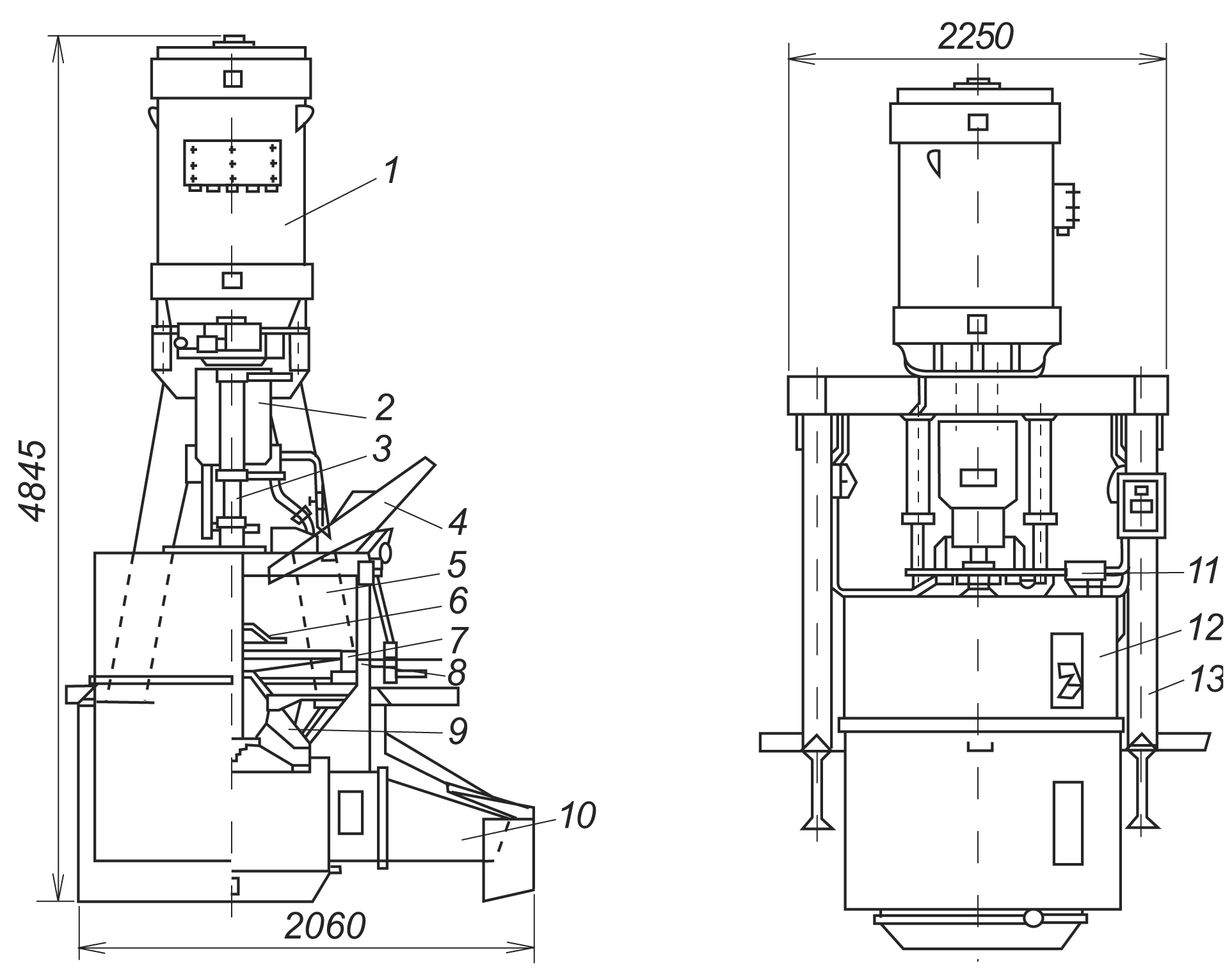 Centrifuge FPN-1251T-01: 1-electric motor; 2-suspension; 3-shaft; 4-tray; 5-rotor; 6-disk; 7-lifting pipe; 8-sugar unloading mechanism; 9-shut-off cone; 10-segregator; 11-loading regulator; 12-casing; 13-metal structure