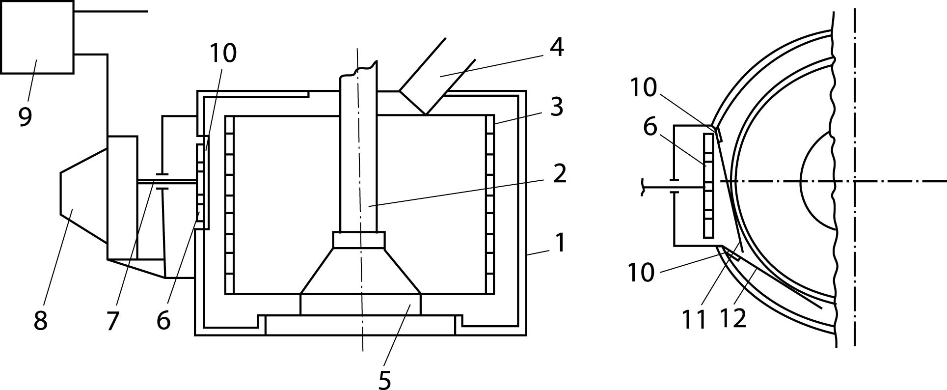 A centrifuge with a device that regulates the start of washing crystals: 1-the body, 2-the shaft, 3-the rotor, 4-the loading device, 5-the unloading device, 6-the perforated reflective shield, 7-the rod, 8-the flow force meter, 9-the unit regulating the operation of the centrifuge, 10-plates, 11 and 12-tangents