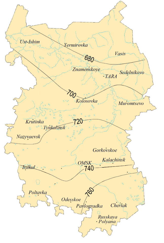 [The average annual water equivalent of thermal energy resources of the climate of total evaporation Zm, mm.]