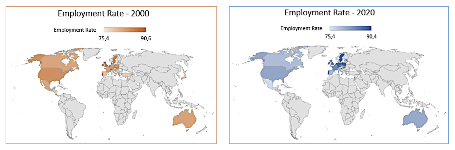 Employment by tertiary educational attainment in 2000 and 2020