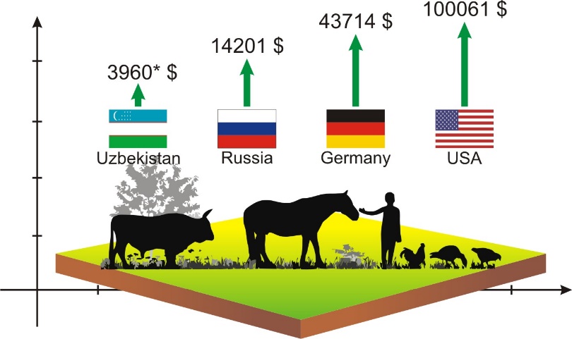 Gross value of agricultural products per worker in 2019 / USD (Dashkovsky & Trofimov 2019; The World
        Bank, 2019)