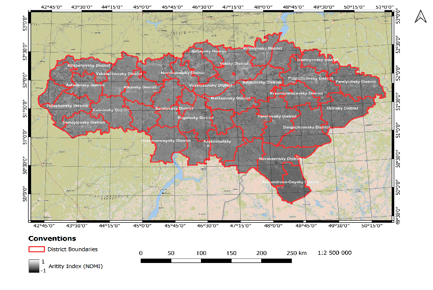 Distribution of the NDMI aridity index across the Saratov region