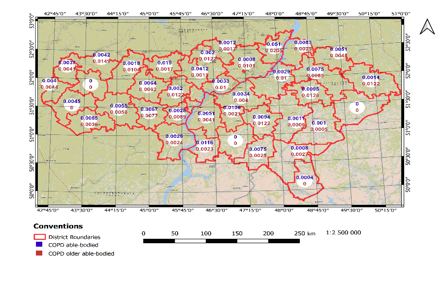 Map of the distribution of the incidence of COPD among the able-bodied population (numerator) and older able-bodied population (denominator) Saratov region