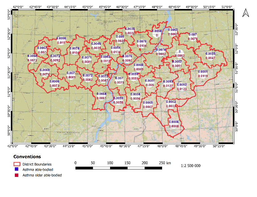 Map of the distribution of the incidence of bronchial asthma among the able-bodied population (numerator) and older able-bodied population (denominator) Saratov region