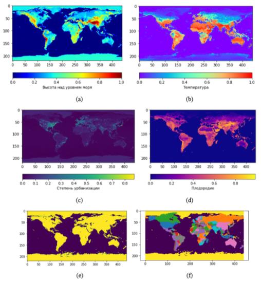 Empirical data: a) the relief map of the earth's surface is scaled in conventional units of height: the value 1 corresponds to the height of 9 thousand km above sea level; b) the map of the average annual temperature of the Earth's surface is scaled in conventional units: the value 0 corresponds to – 60 C, the value 1 corresponds to 60 C; c) Map of the degree of urbanization of the surface scaled in conventional units: the value 0 corresponds to low urbanization, 1 – high; d) the fertility (capacity) map of the surface is scaled in conventional units: the value 0 corresponds to low fertility, 1 – high; e) Land map and mine (light color – land, dark - water); f) Political map