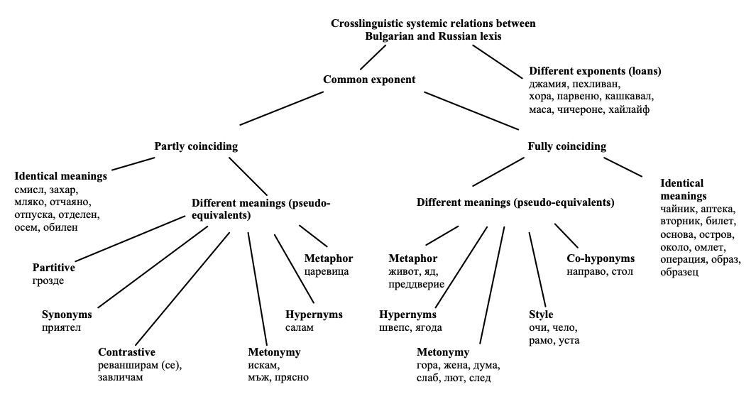 The main types of crosslinguistic paradigmatic relations between Russian and Bulgarian lexis