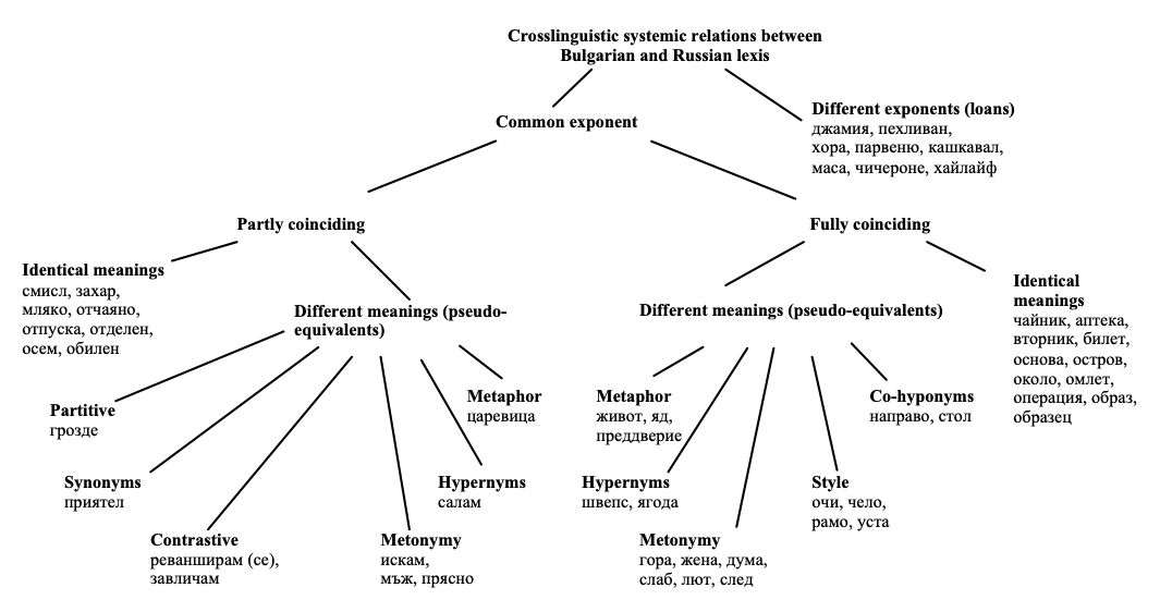 The main types of crosslinguistic paradigmatic relations between Russian and Bulgarian lexis 