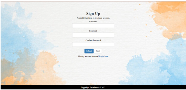 Sign up interface