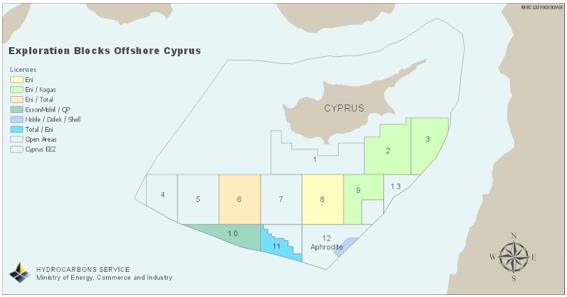Exploration Blocks Offshore Cyprus. Source: Ipiresia Idrogarbonantsrakan:
      Iporeni Energeias, Emporiou kai Viomihanis,
      http://www.mcit.gov.cy/mcit/hydrocarbon.nsf/index_gr/index_gr?opendocument, (12.08.2019).