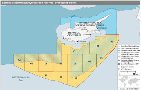 Eastern Mediterranean Hydrocarbon Reserves: Overlapping Claims. Source: İHS Markit/1713476
       (https://ihsmarkit.com/country-industry-forecasting.html?ID=10659123035)