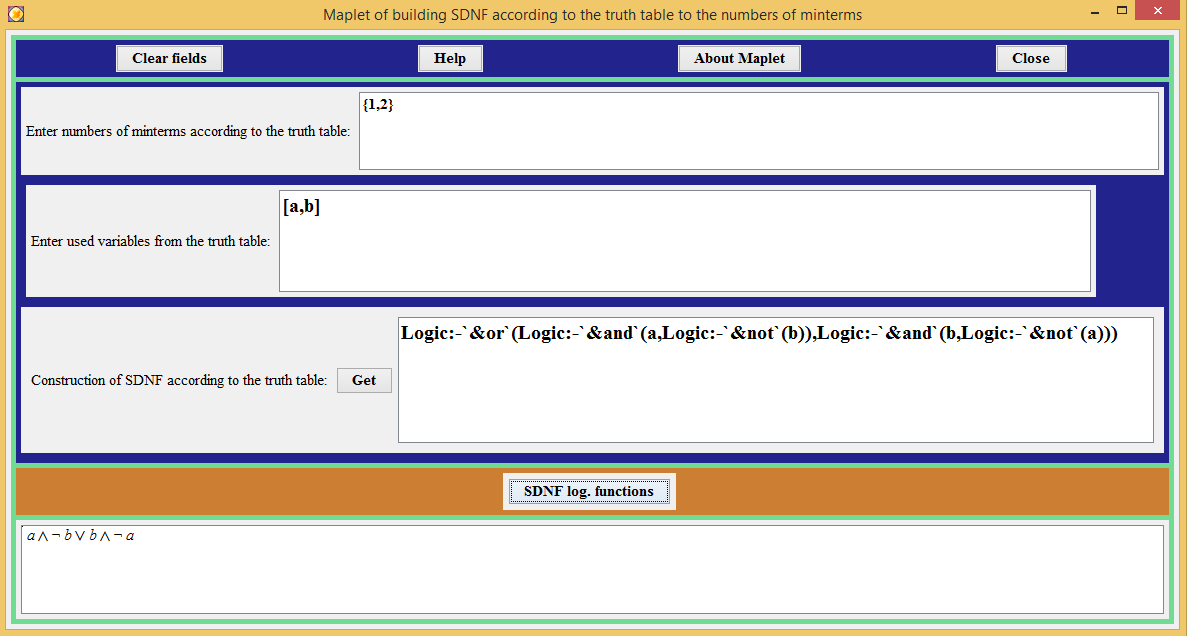 Results of finding the SDNF for minterms 1 and 2 of a logical function depending on two variables a and b