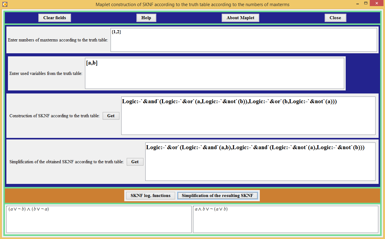 Results of finding SKNF for maxterms 1 and 2 of a logical function depending on two variables a and b