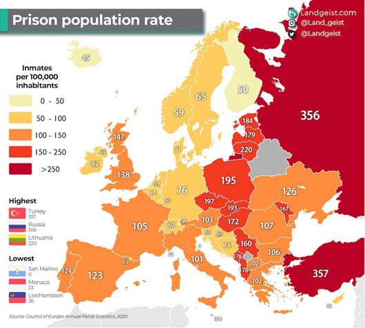 Prison population rate in prison – Council of Europe – Annual Penal Statistic 2020