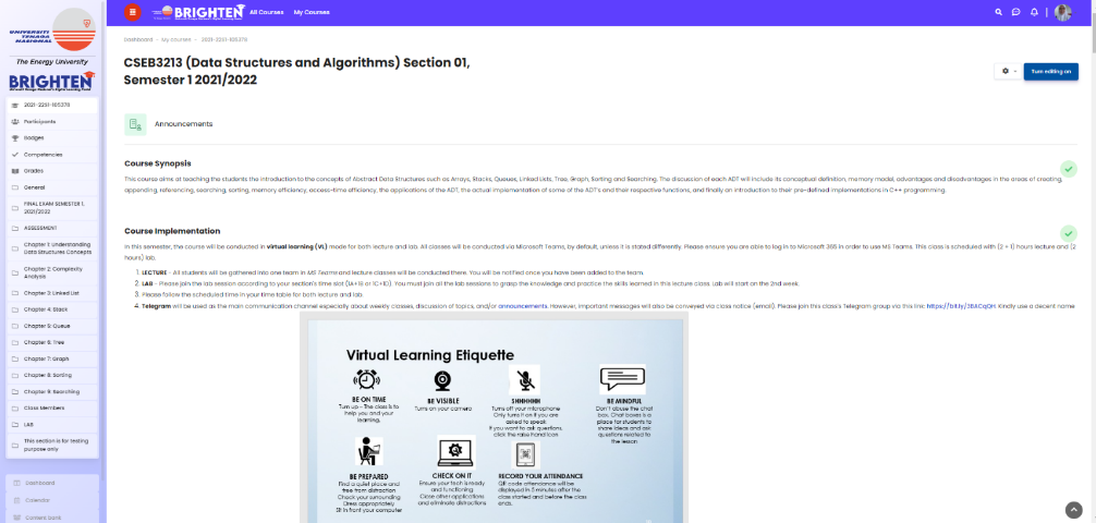 LMS Brighten Course Page for CSEB3123 Section 01 Semester 1, 2021/2022