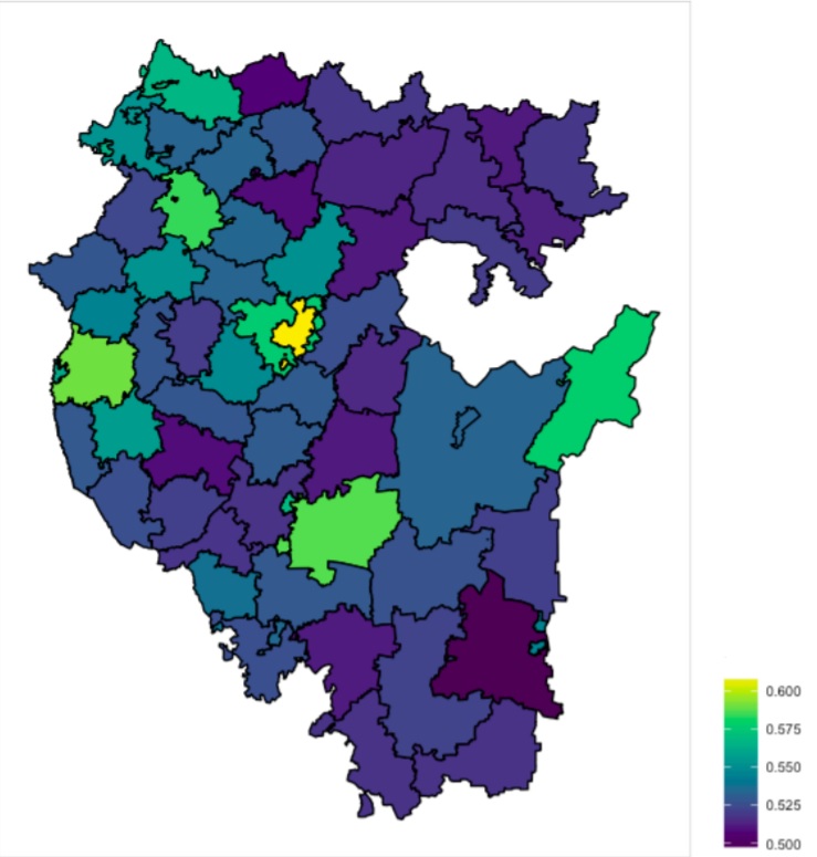 Spatial distribution of the HDI in the municipalities of the Republic of Bashkortostan (2007)